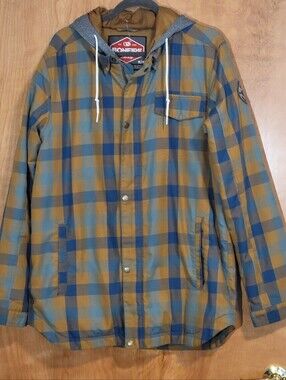 Bonfire Prescott Hoodie, Men's Medium, Tan Teal Blue Plaid